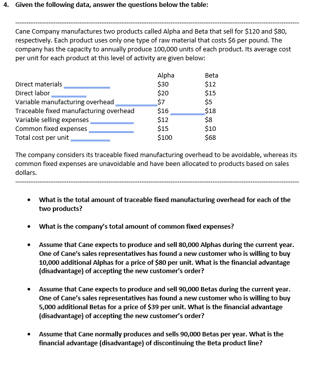  4. Given the following data, answer the questions below the table: