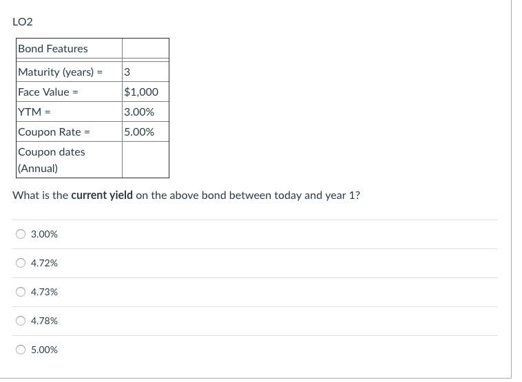 LO2 Bond Features Maturity (years)3 Face Value YTM Coupon Rate Coupon