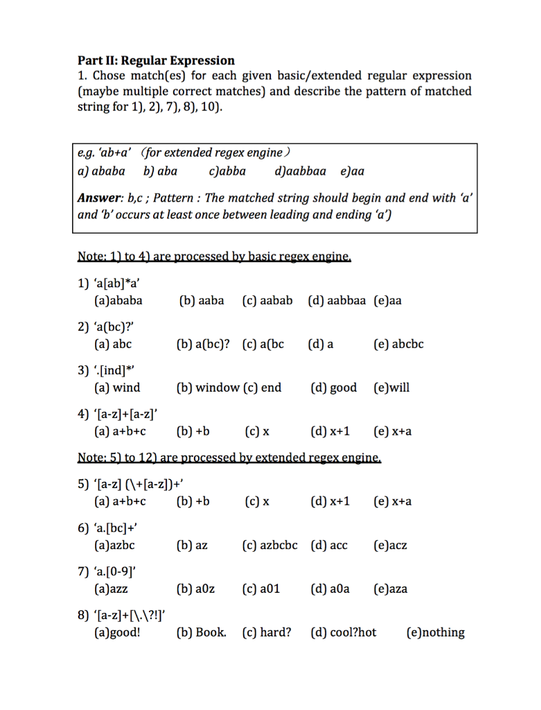 Part II: Regular Expression 1. Chose match(es) for each given basic/extended
