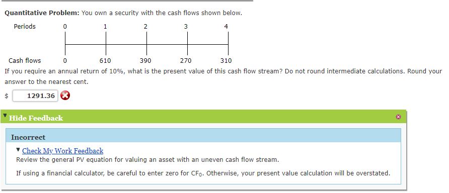 Quantitative Problem: You own a security with the cash flows shown below.