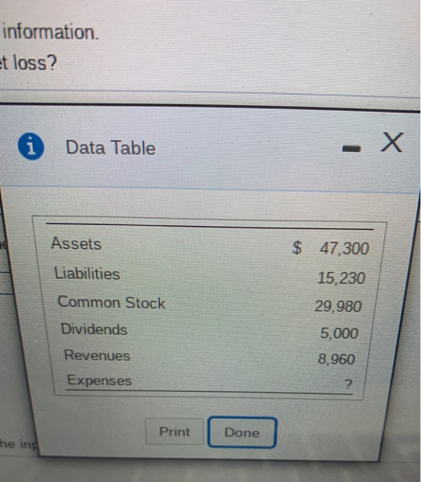  information et loss? 1 Data Table - X Assets $ 47,300