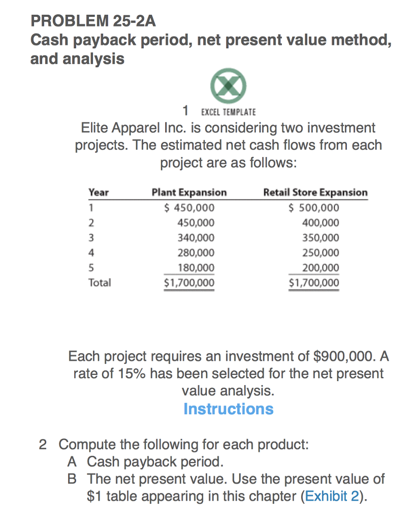 PROBLEM 25-2A Cash payback period, net present value method, and analysis