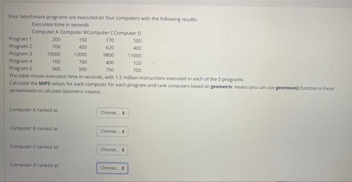  Four benchmark programs are executed on four computers with the following