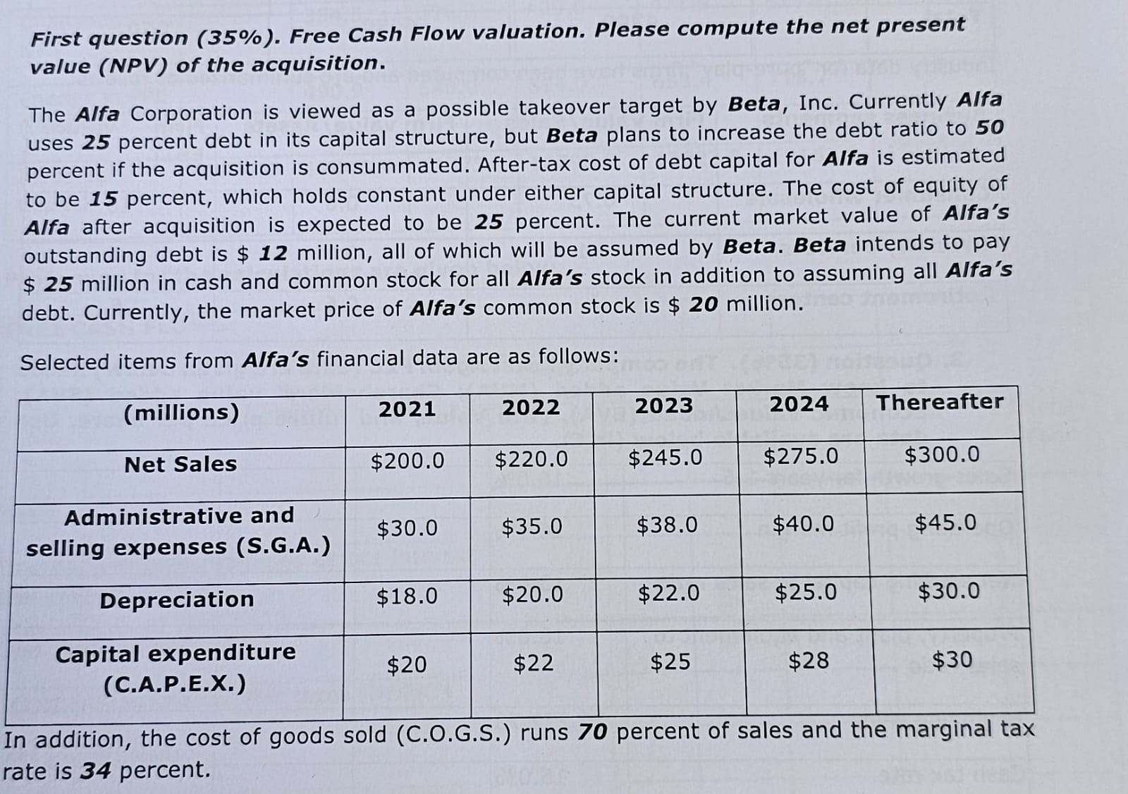  First question (35%). Free Cash Flow valuation. Please compute the net