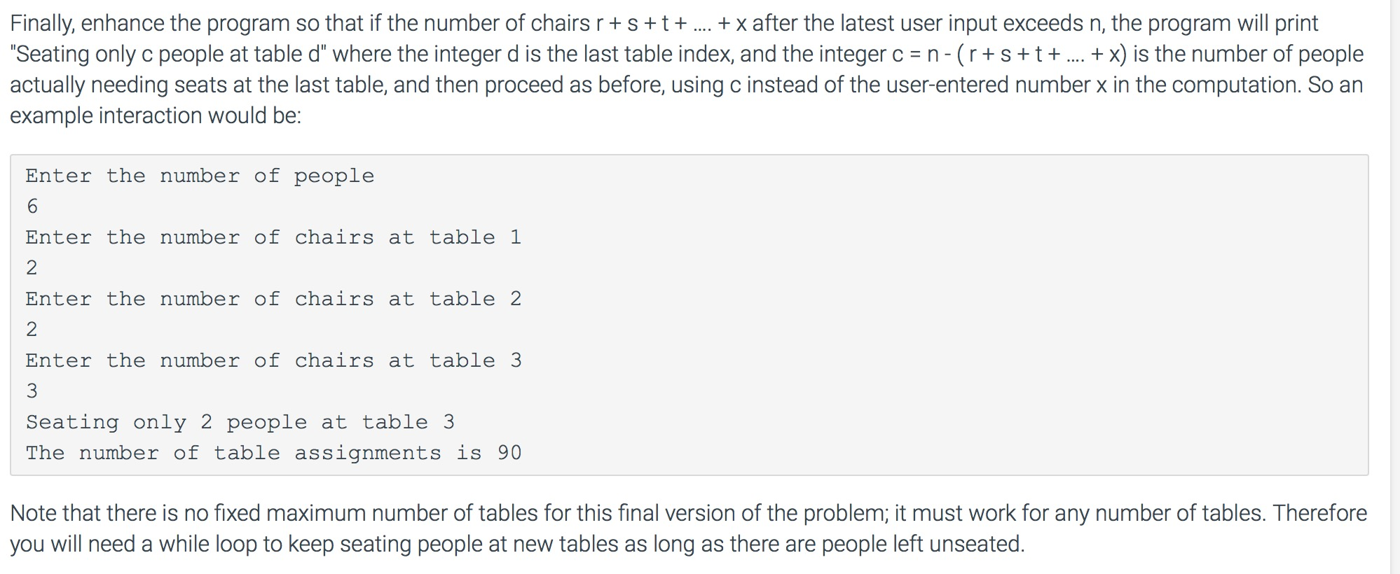 at a two tables, the first with r chairs and the second