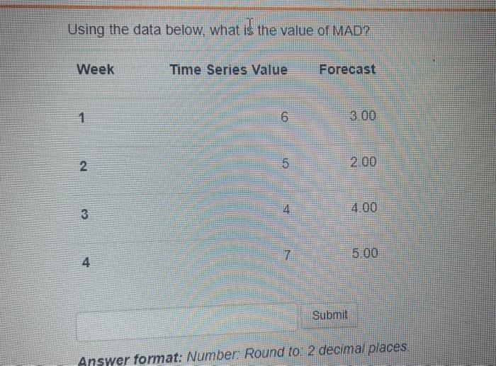 Using the data below, what is the value of MAD? Week
