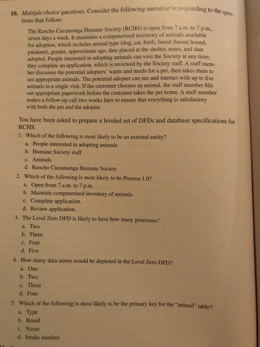  Ch 7 #10 Multiple choice questions. Consider the following narrative in