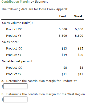 Contribution Margin by Segment The following data are for Moss Creek