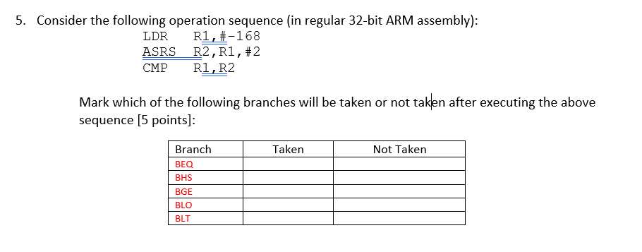5. Consider the following operation sequence (in regular 32-bit ARM assembly):