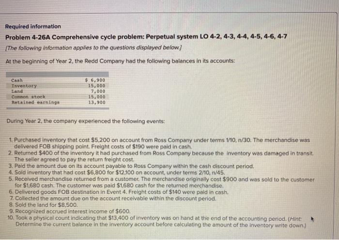  Required information Problem 4-26A Comprehensive cycle problem: Perpetual system LO 4-2,