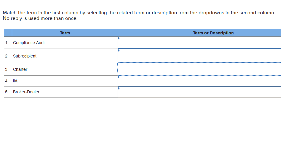 15 options for each question Match the term in the first column