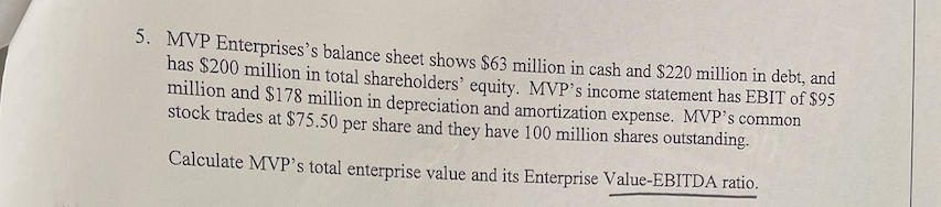  SHOW WORK STEP BY STEP PLEASE 5. MVP Enterprises's balance sheet