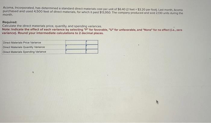 answer correctly Acoma, Incorporated, has determined a standard direct materials cost per