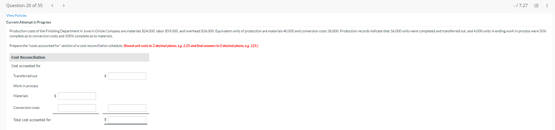  complete as to conversion costs and 100% complete as to materials.