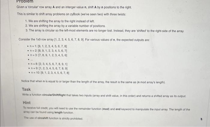  Given a 'circular' row array A and an interger value n,
