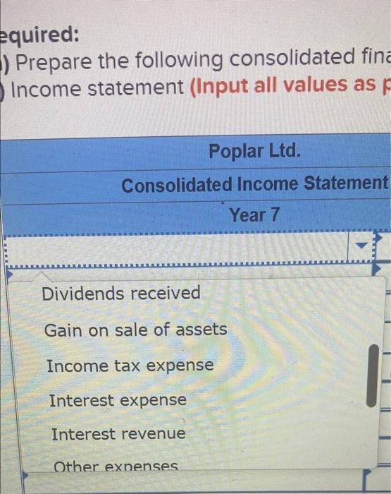 the differnt item categories i could use for the income statement and