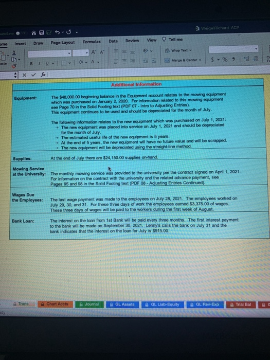 and post closing trial balance. Thanks! Weige Richard ACA Formulas Draw View