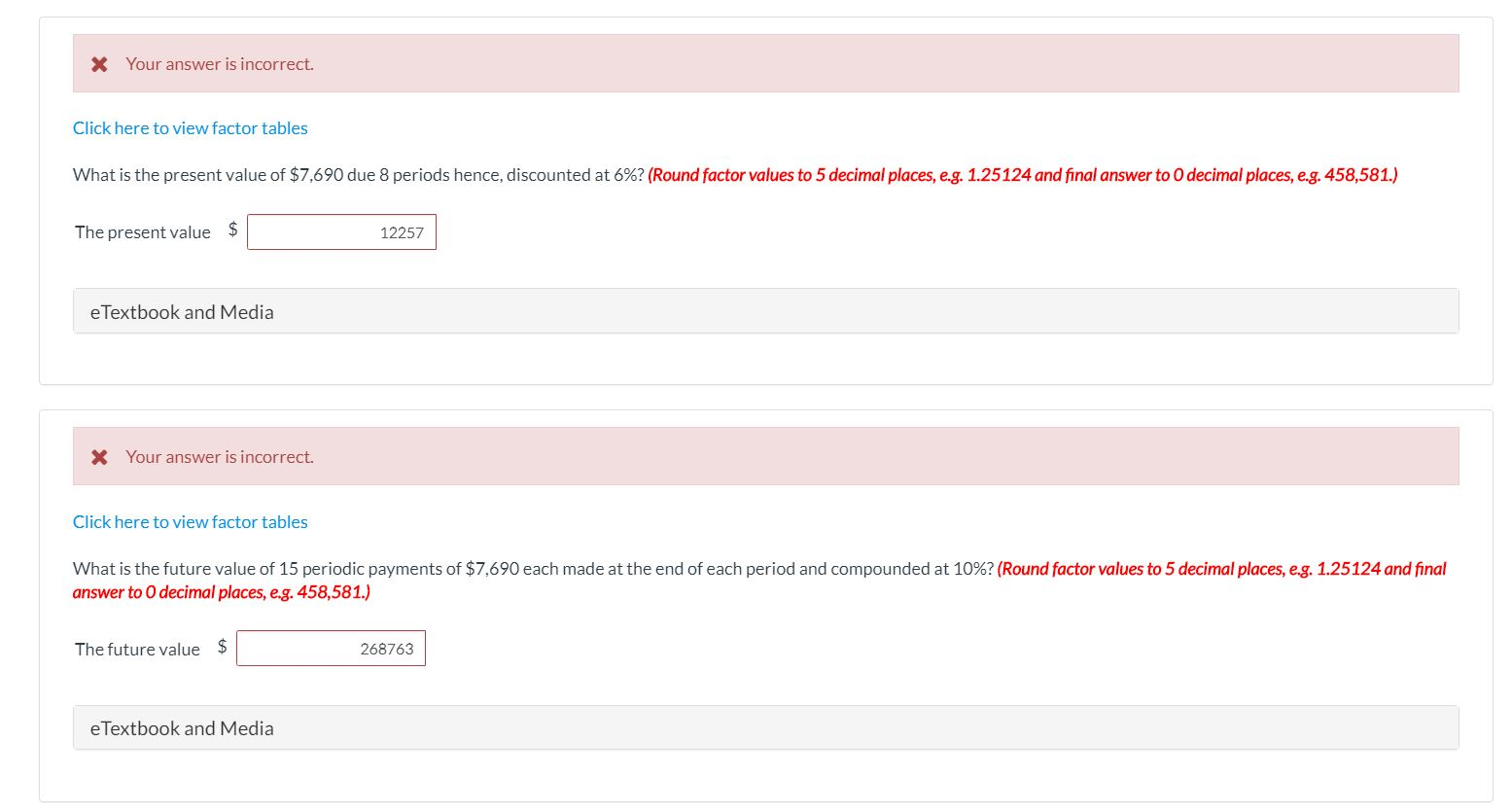 factor values to 5 decimal places, e.g. 1.25124 and final answer to