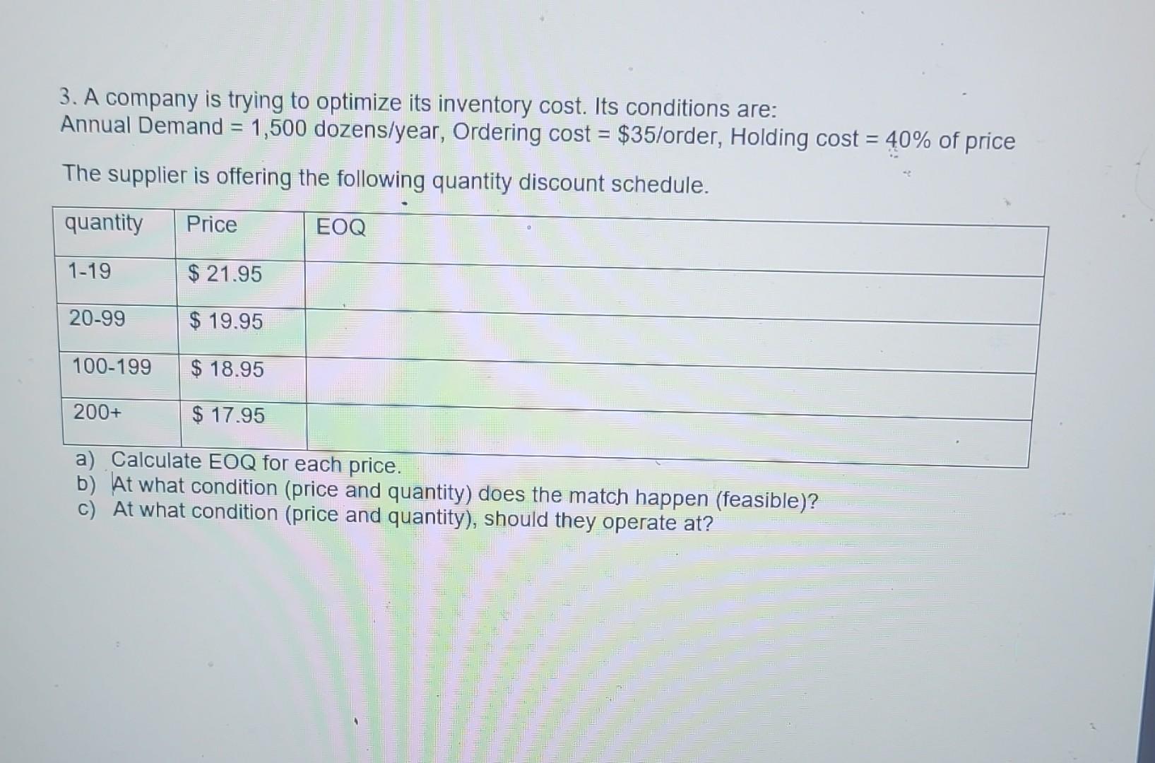 3. A company is trying to optimize its inventory cost. Its