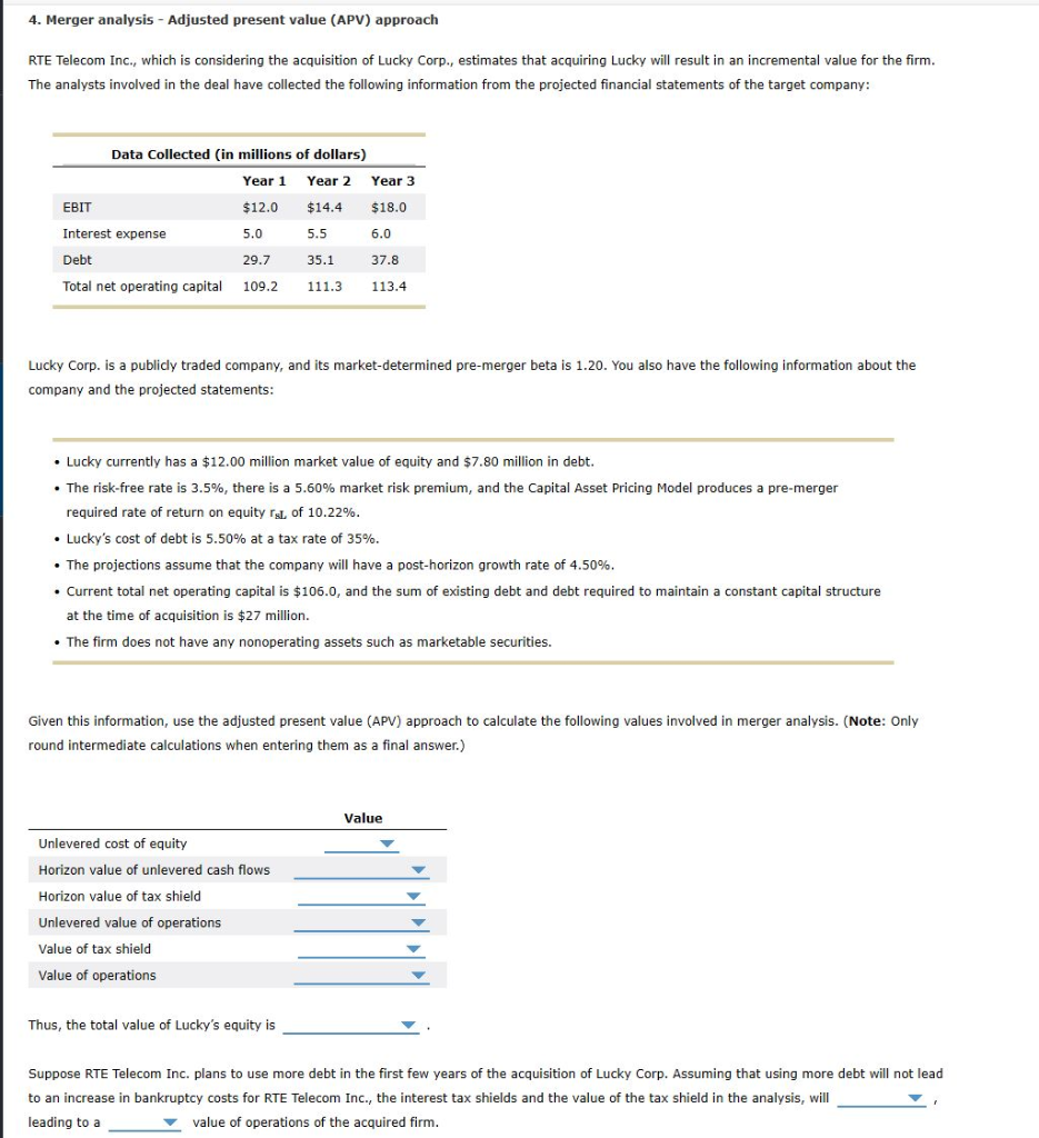 4. Merger analysis - Adjusted present value (APV) approach RTE Telecom