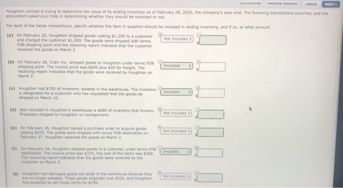 need help finding the values for these items CALCULATOR PRINTER VERSION BACK