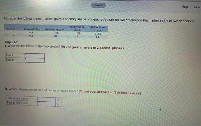  Consider the following table, which gives a security analyst's expected return