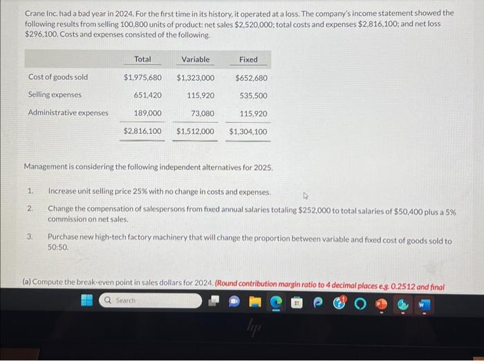  Your answer is incorrect. Crane inc, had a bad year in