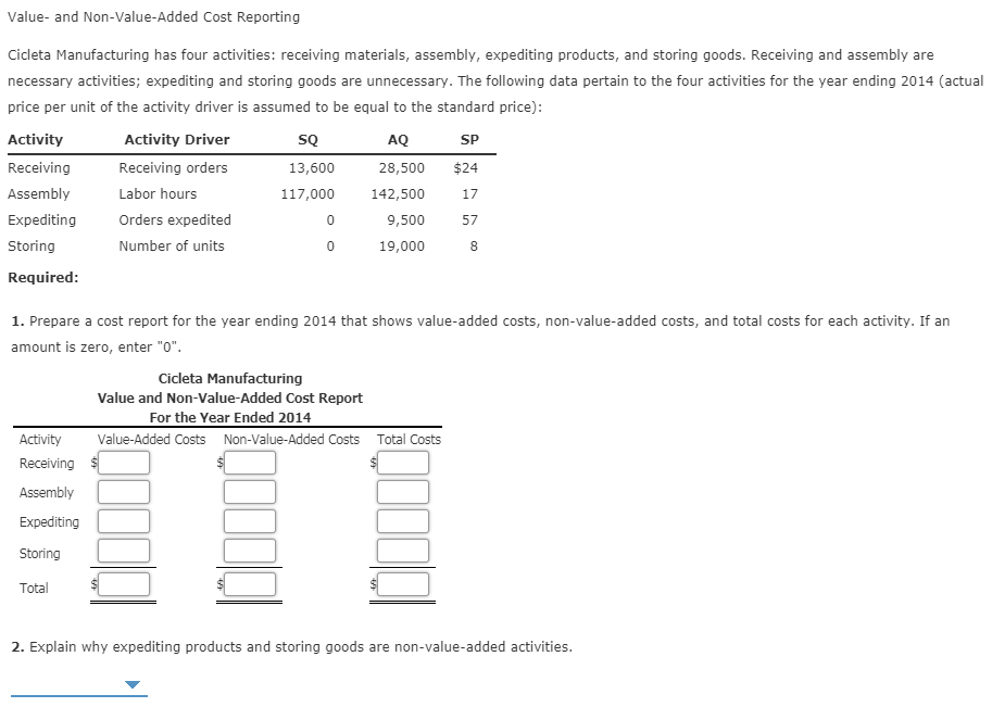 Value- and Non-Value Added Cost Reporting Cicleta Manufacturing has four activities: