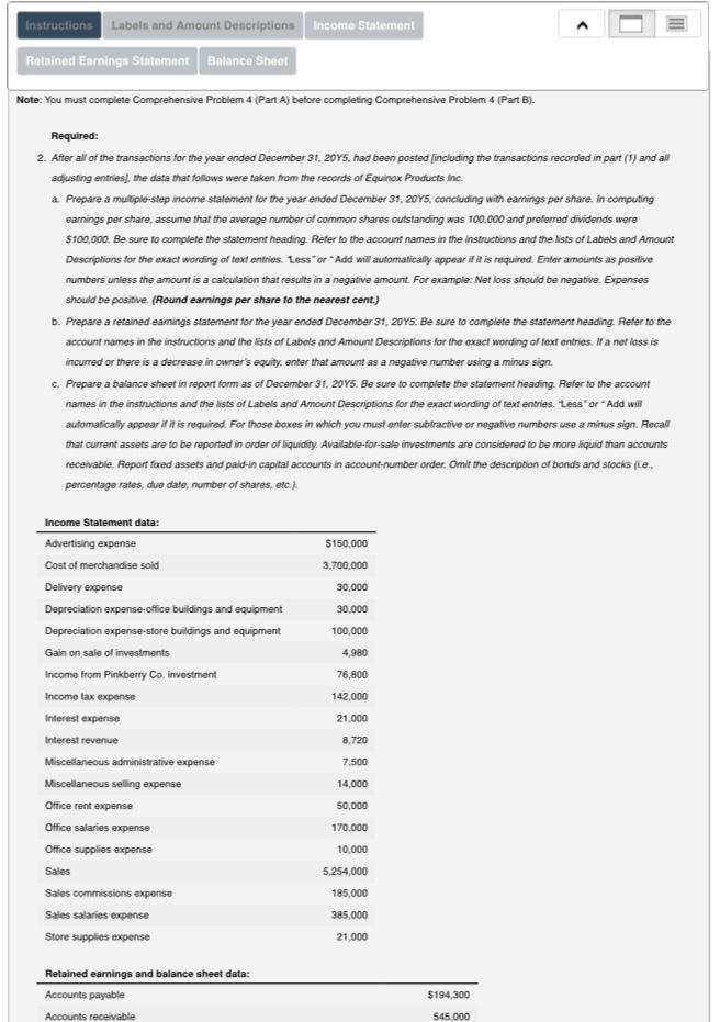 Instructions Labels and Amount Descriptions Income Statement Retained Earnings Statement Balance