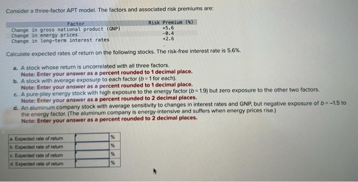  Consider a three-factor APT model. The factors and associated risk premiums