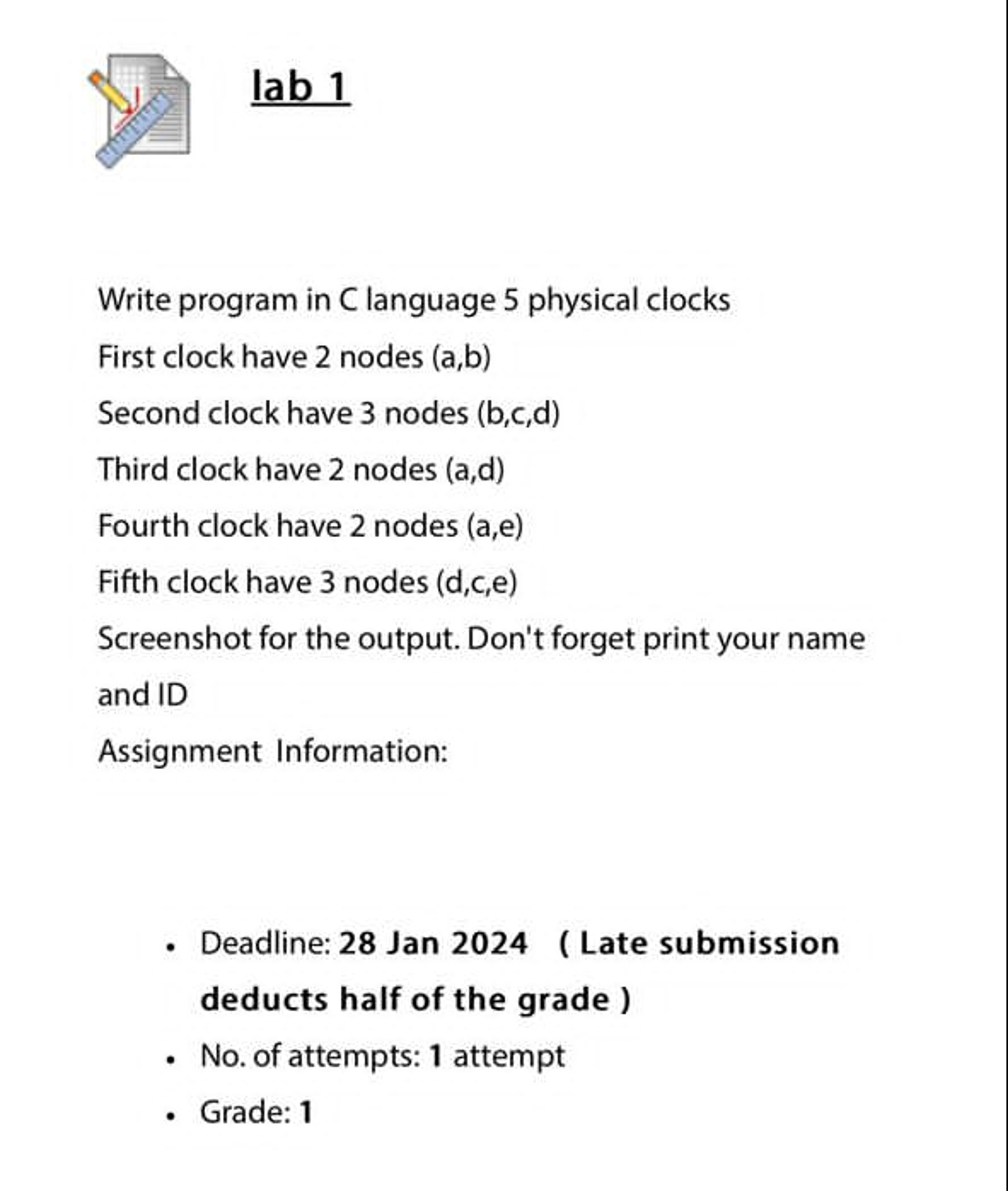  Write program in C language 5 physical clocks First clock have