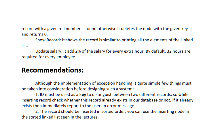 Create an employee Record Management system using linked list that can perform