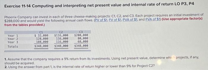  Exercise 11-14 Computing and interpreting net present value and internal rate