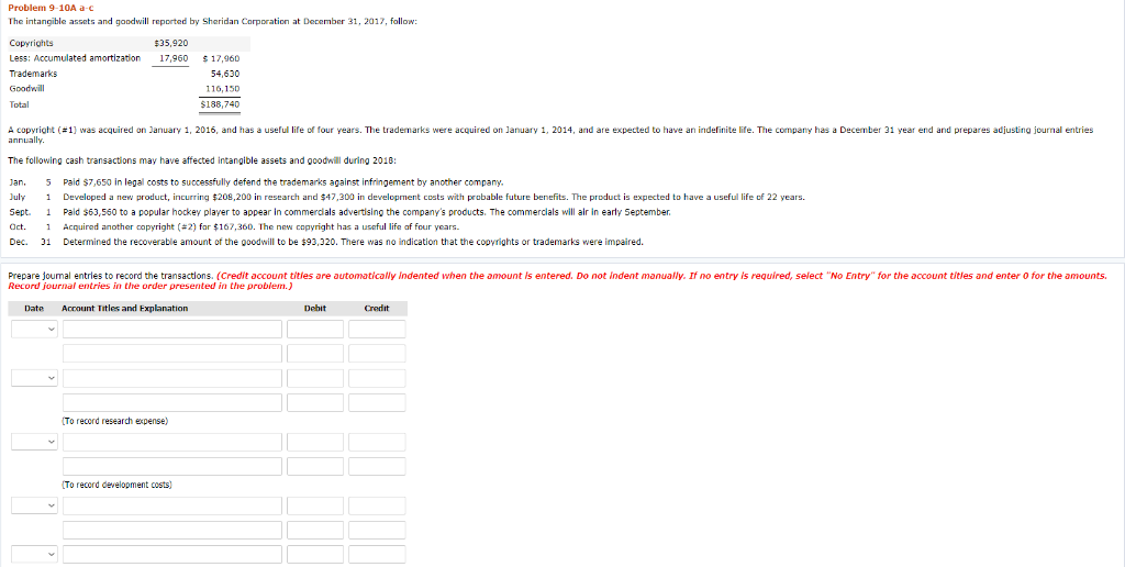  Problem 9-10A a-c The intangible assets and goodwill reported by Sheridan