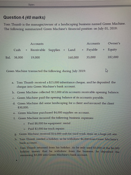  Styles Question 4 (40 marks) Tom Thumb is the manager/owner of
