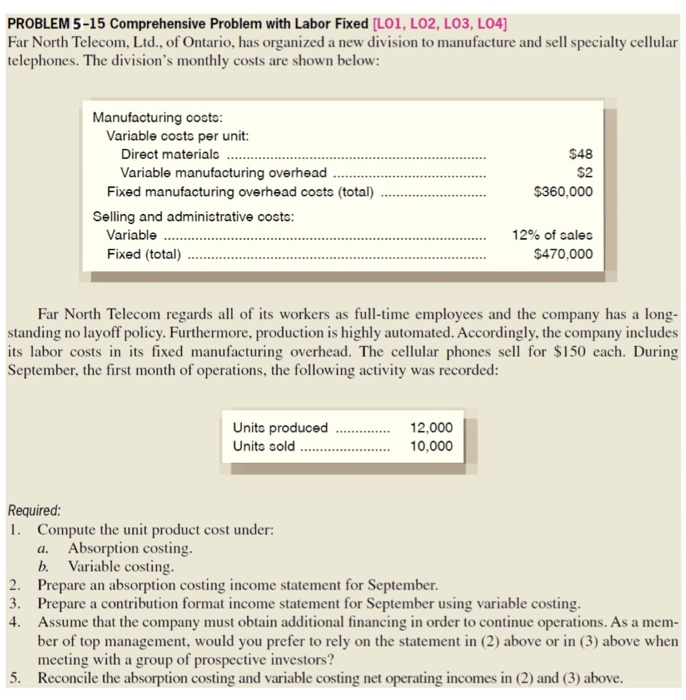 PROBLEM 5-15 Comprehensive Problem with Labor Fixed [LO1, LO2, LO3, LO4]