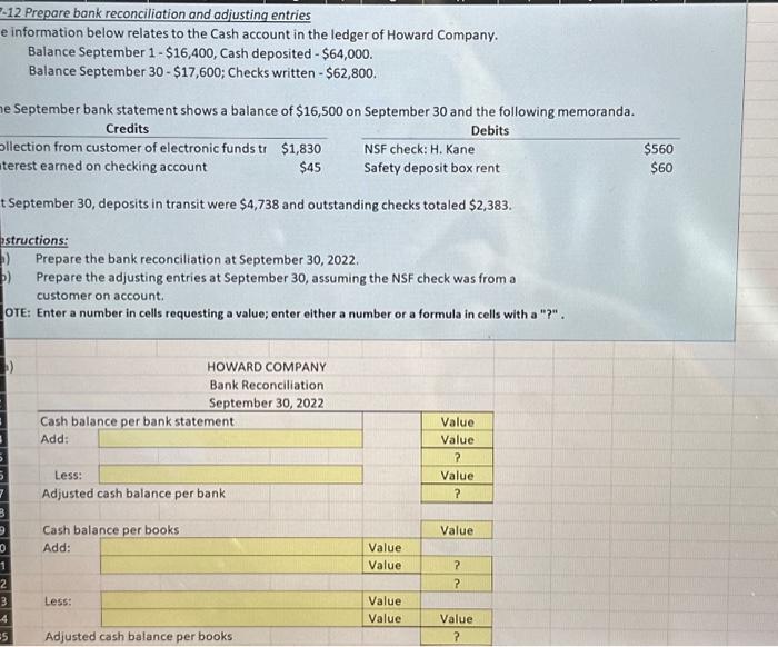  -12 Prepare bank reconciliation and adjusting entries e information below relates
