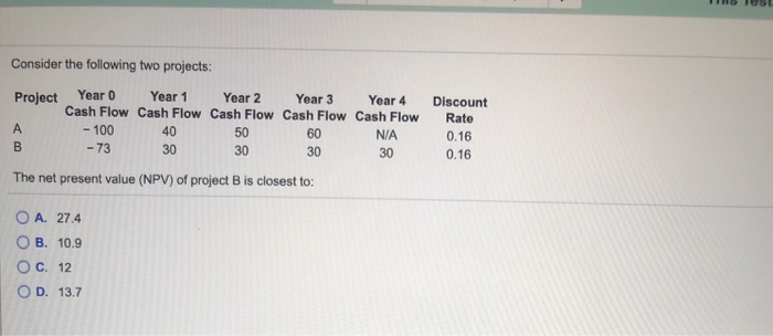  Consider the following two projects: Project Year 0 Year 1 Year