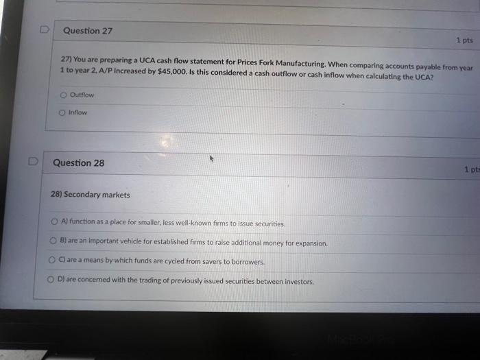 please!! 27 You are preparing a UCA cash flow statement for Prices