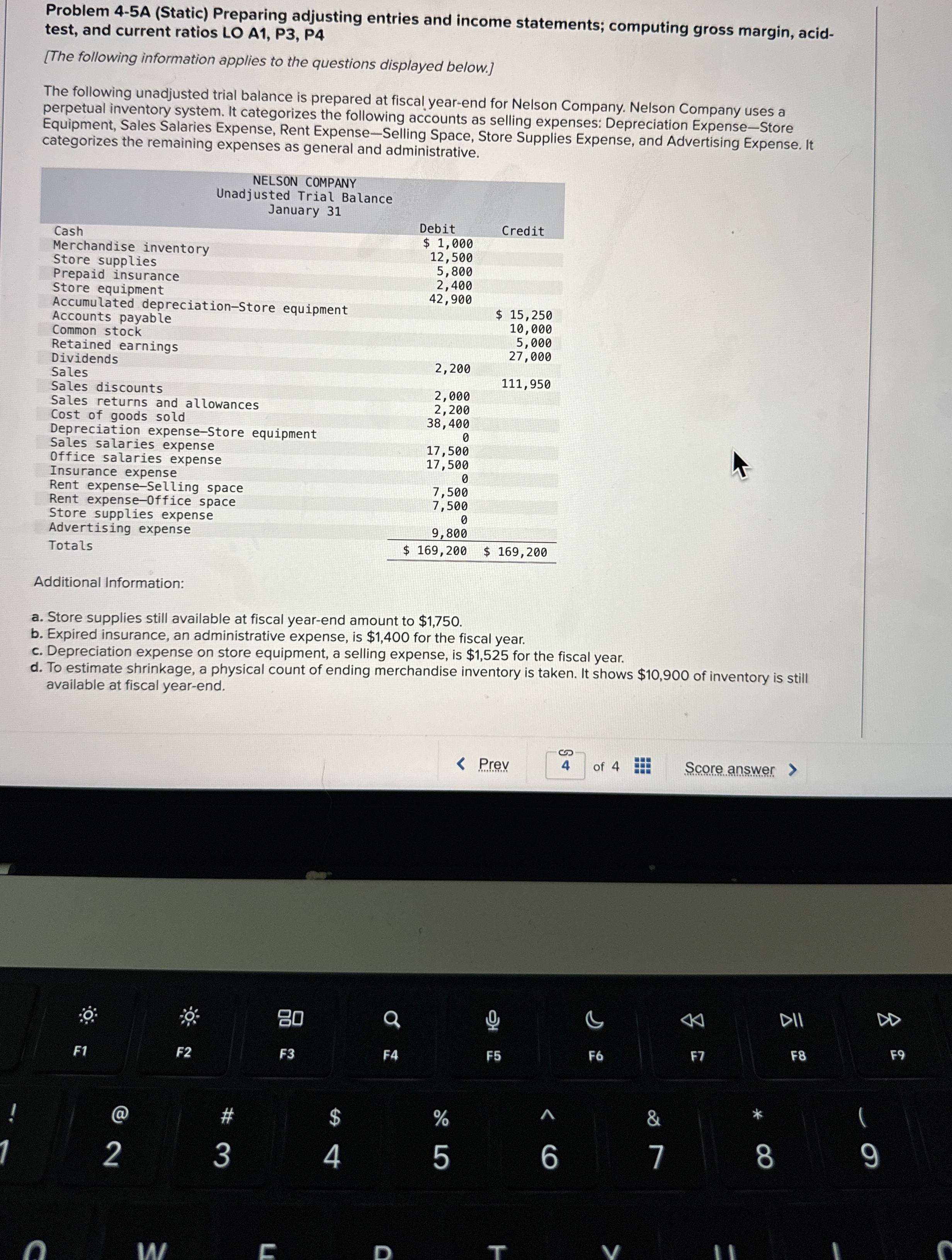  Problem 4-5A (Static) Preparing adjusting entries and income statements; computing gross