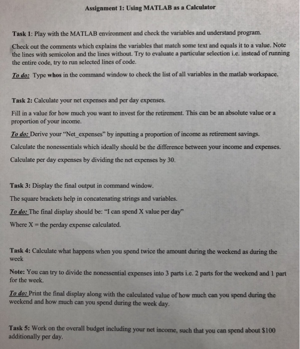  Assignment 1: Using MATLAB as a Calculator Task 1: Play with