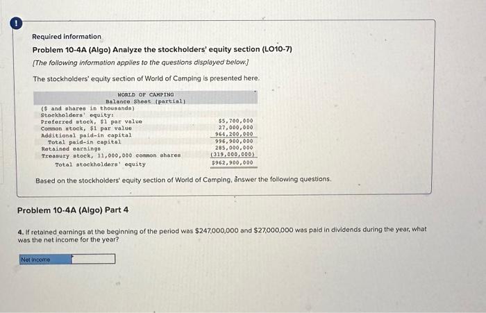 equity section (LO10-7) [The following information applies to the questions displayed below]