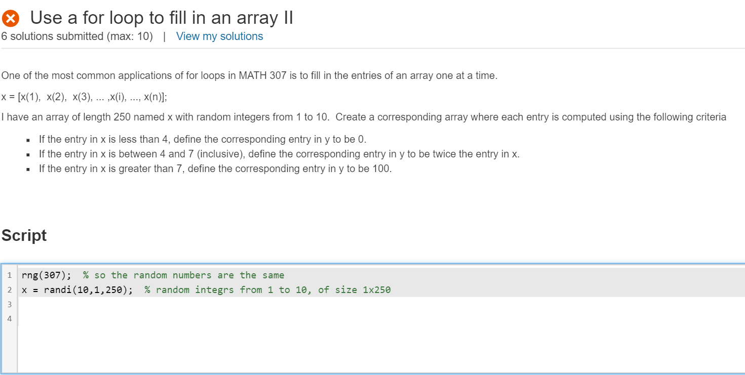  X Use a for loop to fill in an array ||