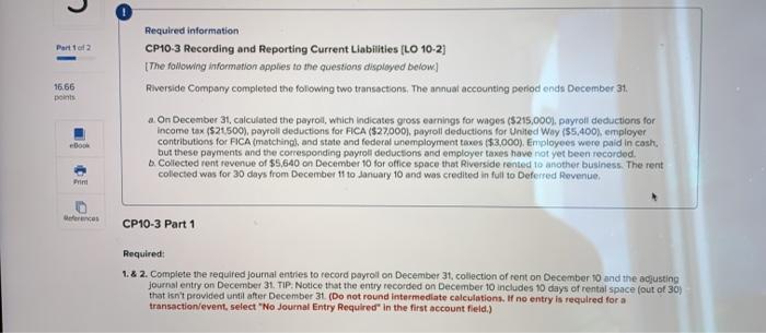  Part 2 16.66 points Required information CP10-3 Recording and Reporting Current