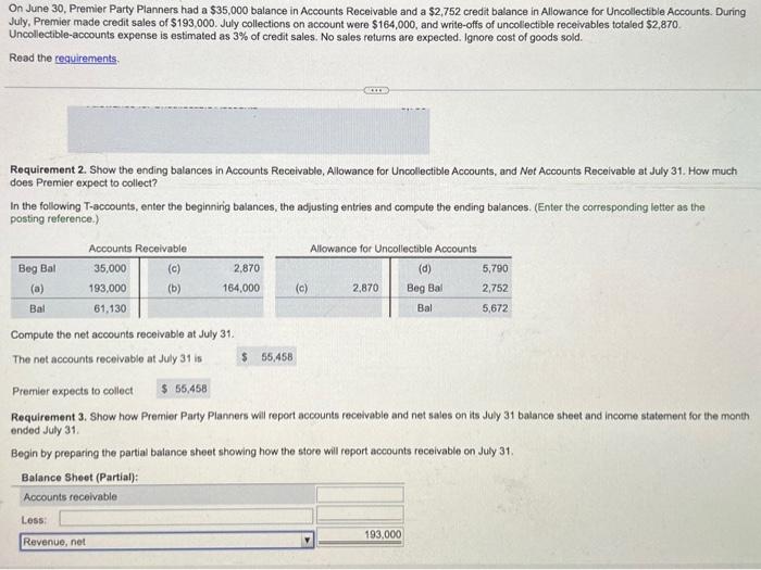 Do the Balance Sheet (Partial): On June 30, Premier Party Planners had