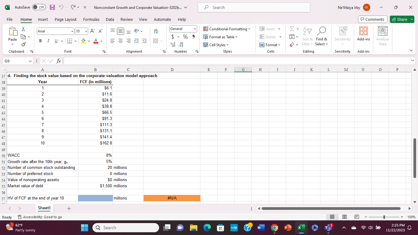  d. Finding the stock value based on the corporate valuation model