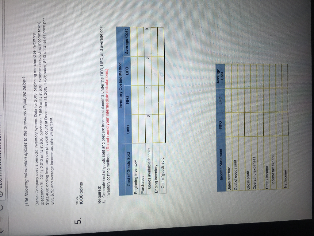  Daniel Company uses a periodic inventory system. Data for 2015: beginning