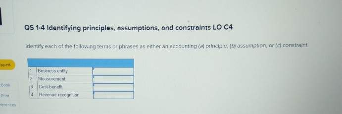  QS 1-4 Identifying principles, assumptions, and constraints LO C4 Identify each