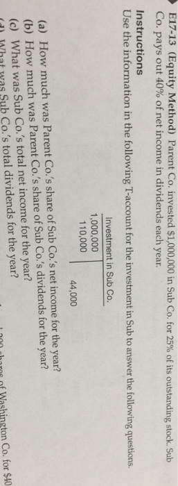  (Equity Method) Parent Co. invested dollar 1,000,000 in Sub Co. for