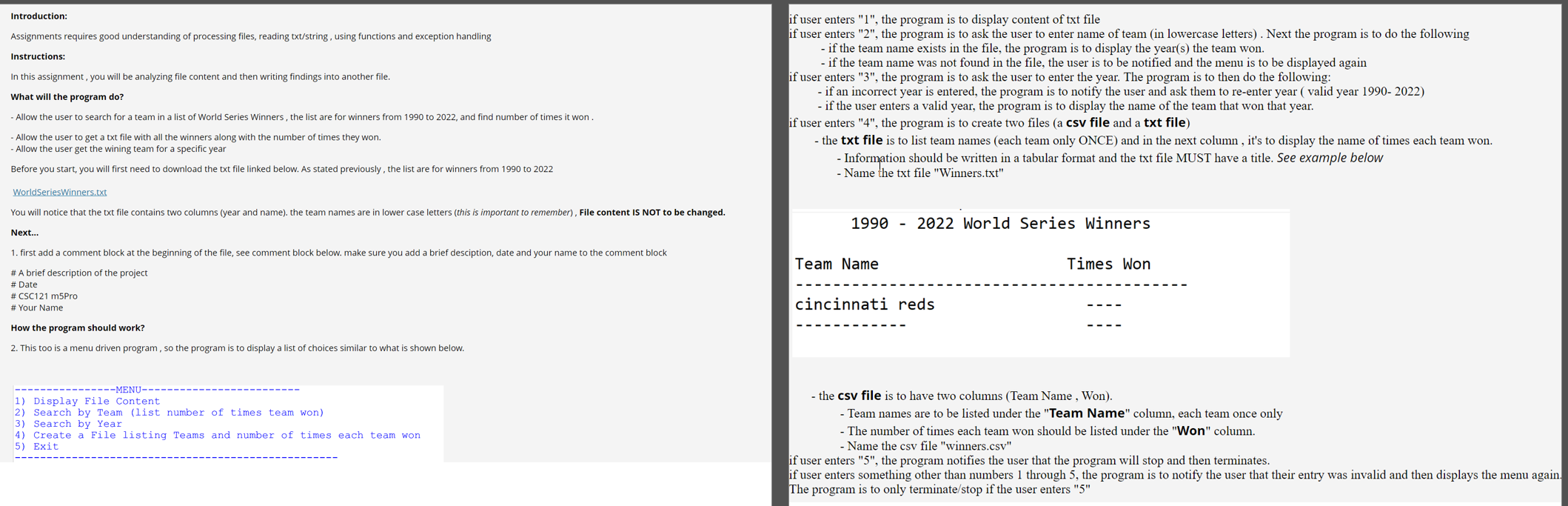  if user enters "1", the program is to display content of